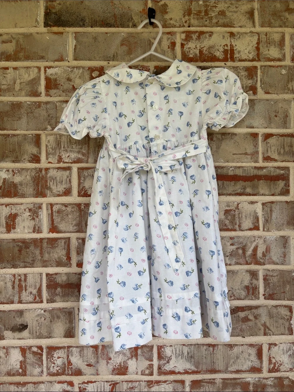 B.T. Kids Girls White Floral Smocked Dress with Blue Ribbon